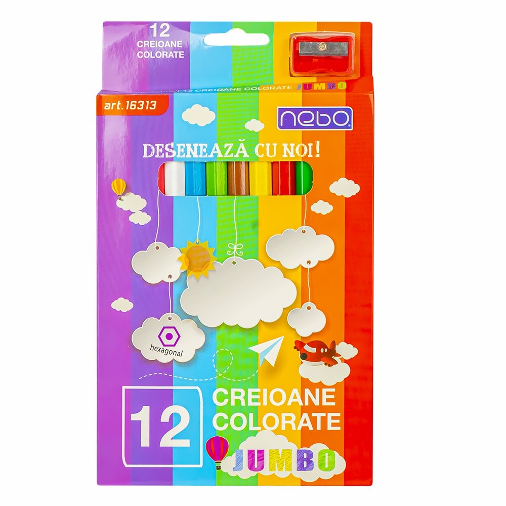 Creioane colorate Jumbo, pigmenti intensi, corp gros din lemn, ascutitoare inclusa, set 12 culori - imagine 6